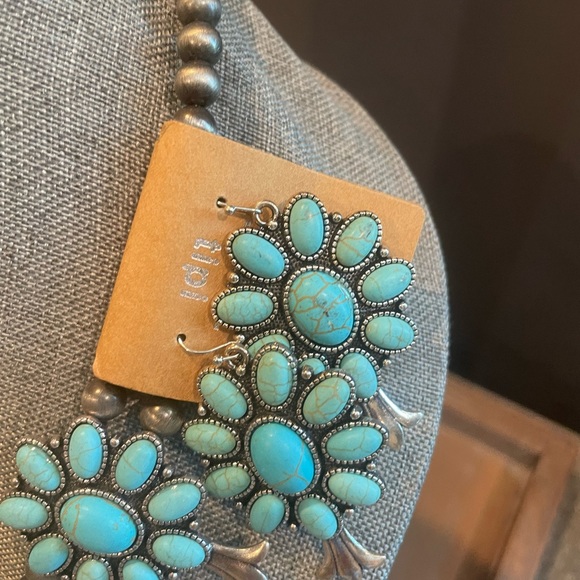 Statement Squash Blossom Necklace Set Silver & Turquoise NWT - Picture 2 of 5